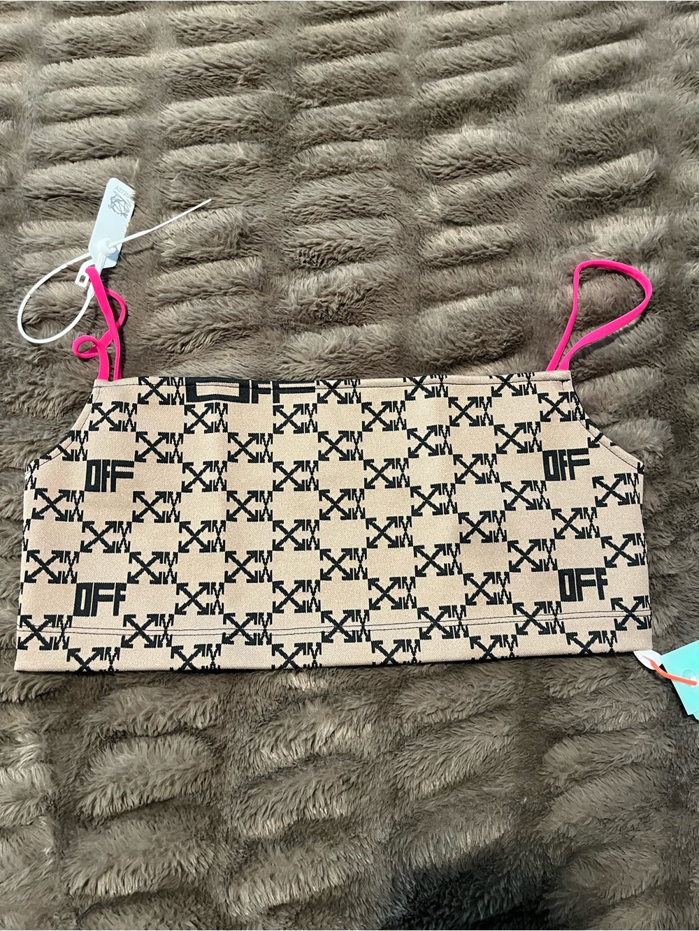 Off-White Brown Logo Top with Hot Pink Straps